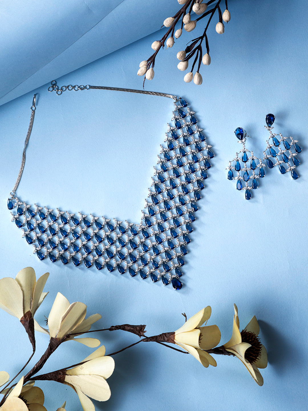 Silver Plated Blue Sapphire AD Studded Statement Necklace Jewellery set, zaveri pearls, sale price rs, sale price, sale gold plated, sale gold, sale, rubans, ring, regular price, priyassi jew