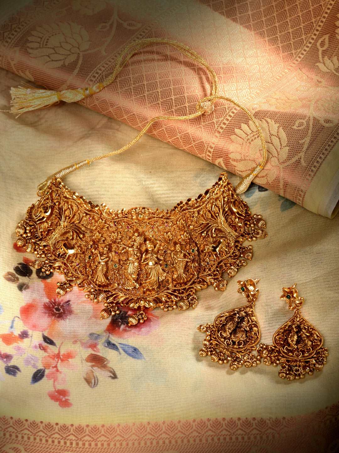 Gold Plated AD Stone Temple Radhe Krishna Necklace Jewellery Set, zaveri pearls, sale price rs, sale price, sale gold plated, sale gold, sale, rubans, ring, regular price, priyassi jewellery,