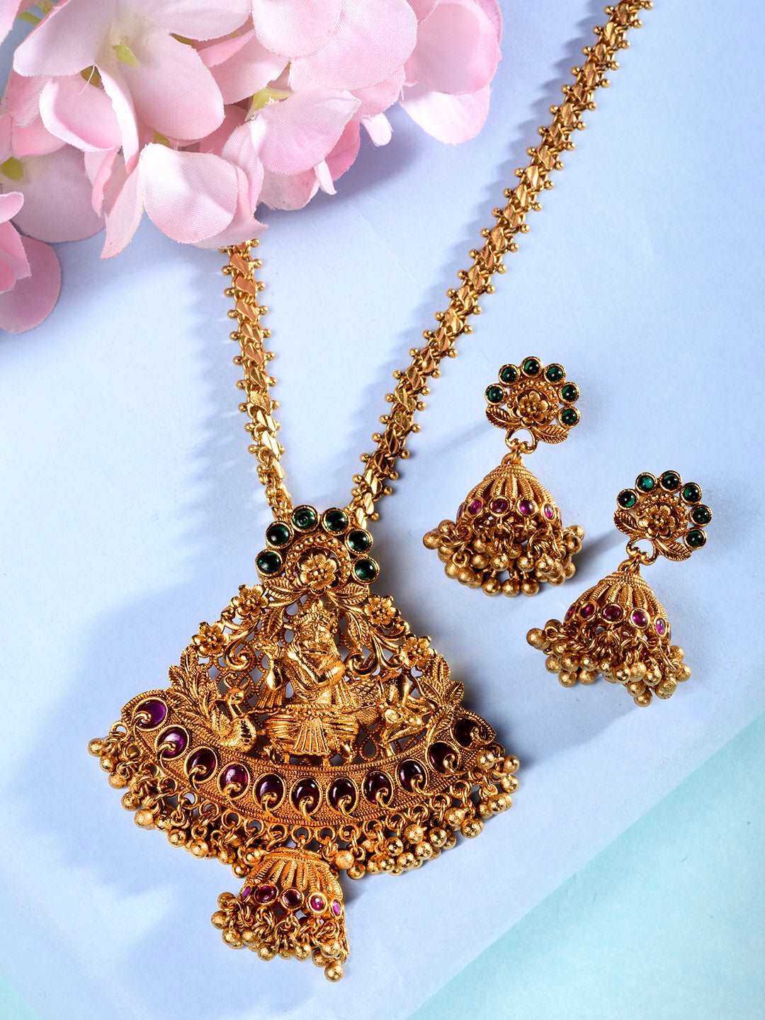 Gold Plated Green AD Embellished Pendant Temple Jewellery Set, zaveri pearls, sale price rs, sale price, sale gold plated, sale gold, sale, rubans, ring, regular price, priyassi jewellery, ku