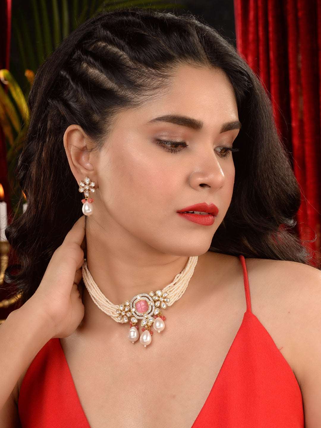 Gold Plated AD Studded Kundan natural Pearl beaded Choker Jewellery Set, zaveri pearls, sale price rs, sale price, sale gold plated, sale gold, sale, rubans, ring, regular price, priyassi jew