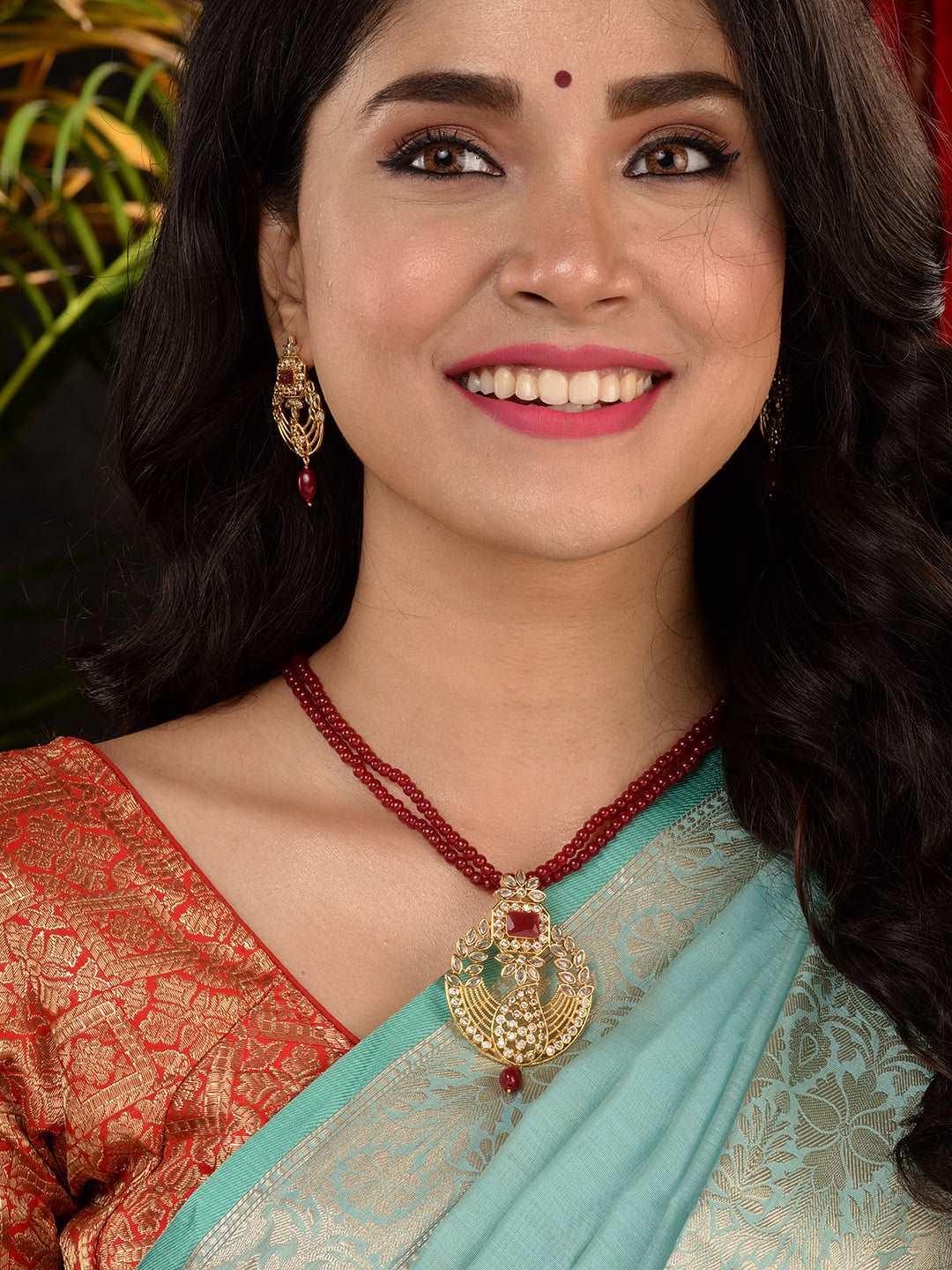 Gold Plated Polki AD studded Red Beads Maala Necklace Set, zaveri pearls, sale price rs, sale price, sale gold plated, sale gold, sale, rubans, ring, regular price, priyassi jewellery, kushal