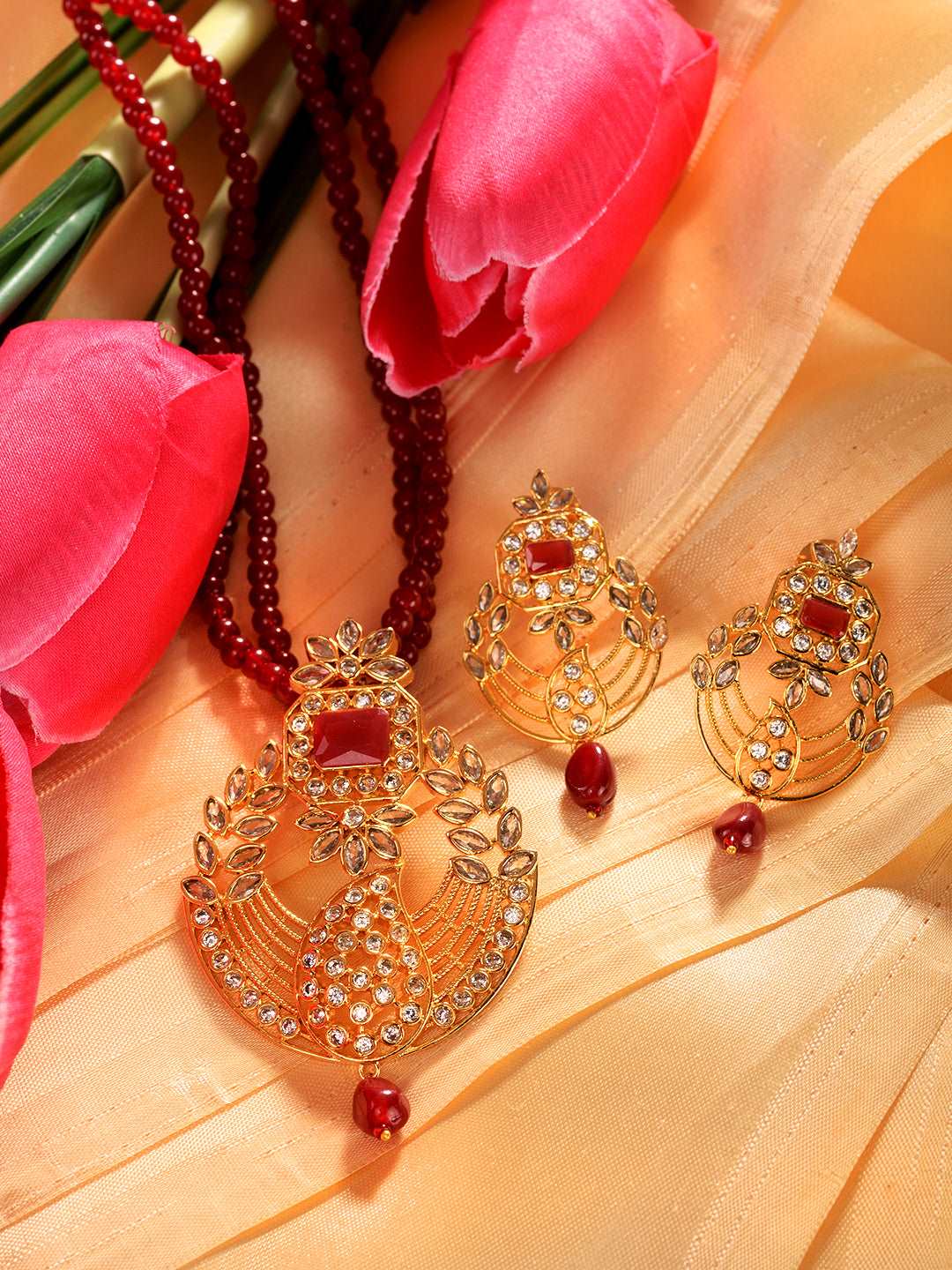 Gold Plated Polki AD studded Red Beads Maala Necklace Set, zaveri pearls, sale price rs, sale price, sale gold plated, sale gold, sale, rubans, ring, regular price, priyassi jewellery, kushal