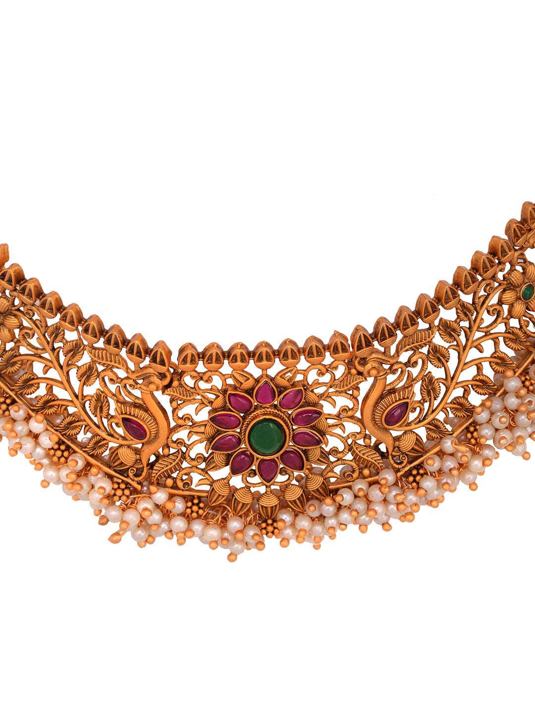 Gold Plated Red Kempo & Pearl Beaded Temple Choker Necklace Set, zaveri pearls, sale price rs, sale price, sale gold plated, sale gold, sale, rubans, ring, regular price, priyassi jewellery, 