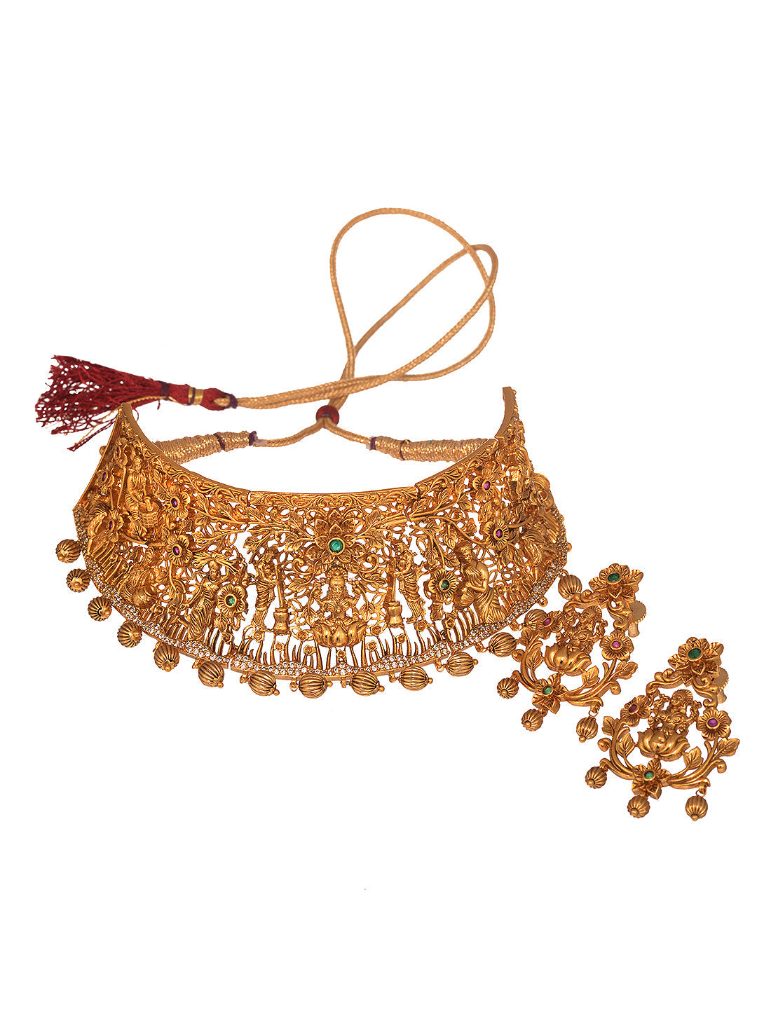GoldPlated Green AD Embellished Shri Lakshmi Temple Choker Jewellery Set, zaveri pearls, sale price rs, sale price, sale gold plated, sale gold, sale, rubans, ring, regular price, priyassi je