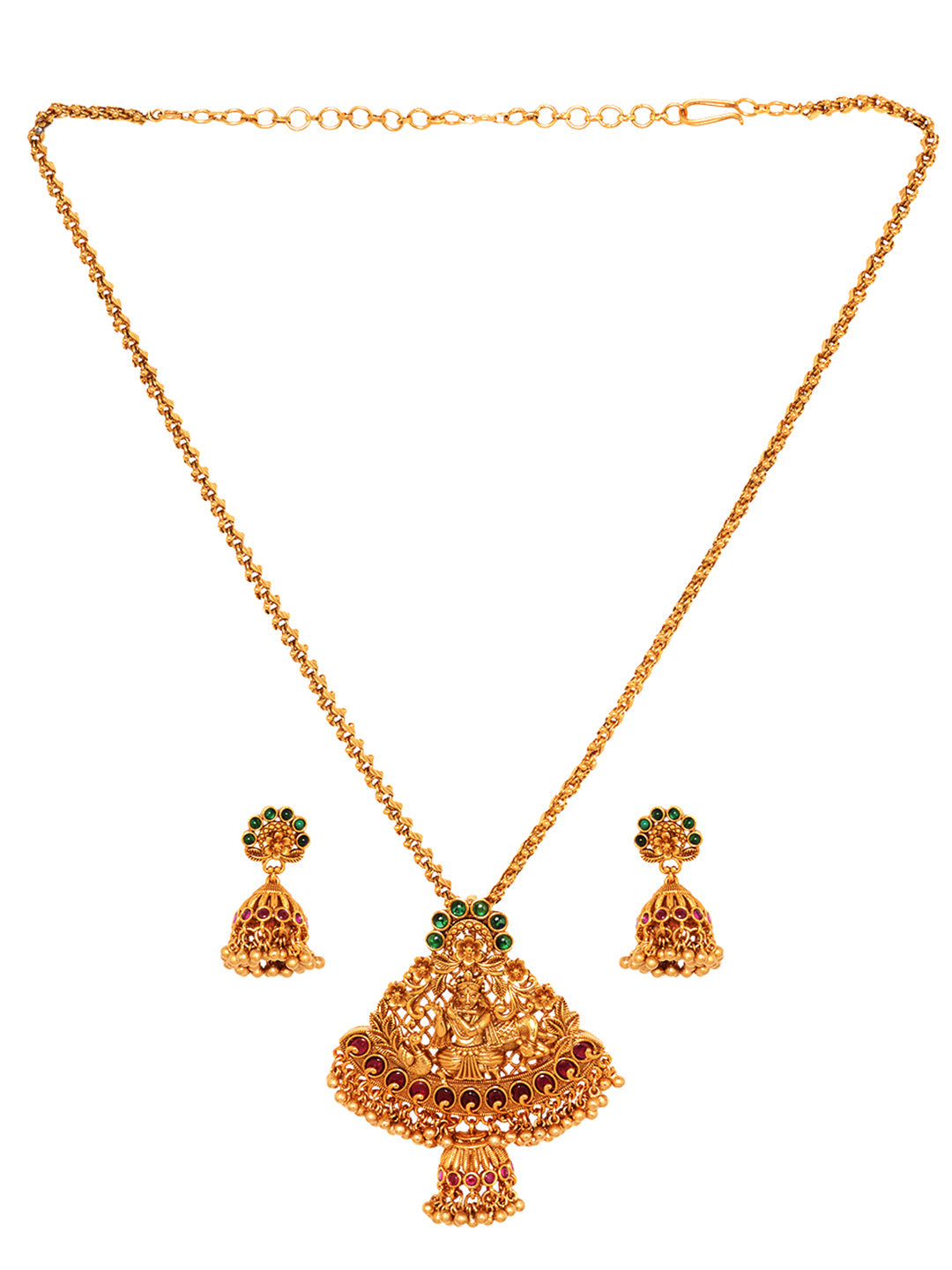 Gold Plated Green AD Embellished Pendant Temple Jewellery Set, zaveri pearls, sale price rs, sale price, sale gold plated, sale gold, sale, rubans, ring, regular price, priyassi jewellery, ku