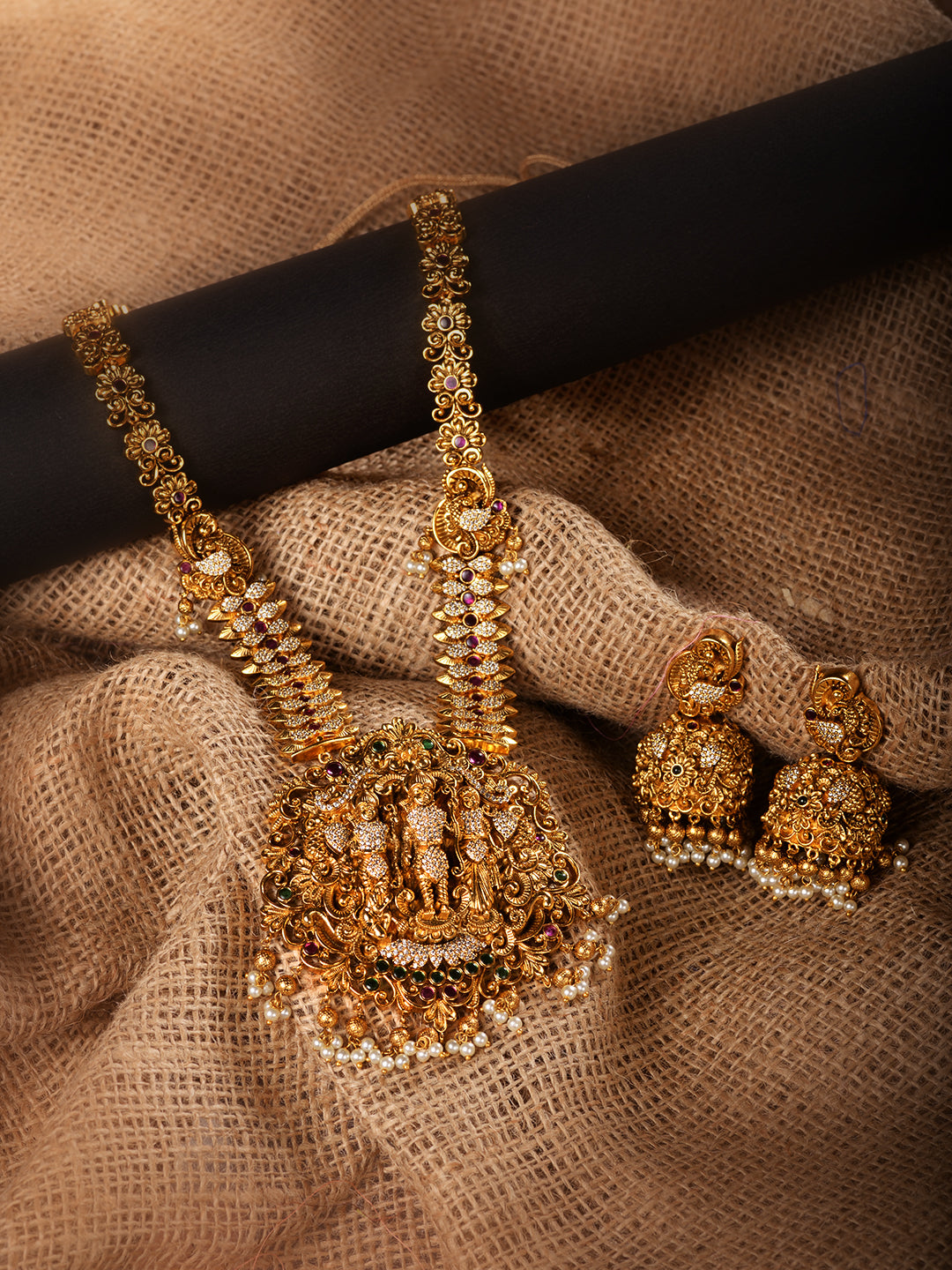 GoldPlated AD Embellished Temple Ram Darbaar Jewellery Set, zaveri pearls, sale price rs, sale price, sale gold plated, sale gold, sale, rubans, ring, regular price, priyassi jewellery, kusha