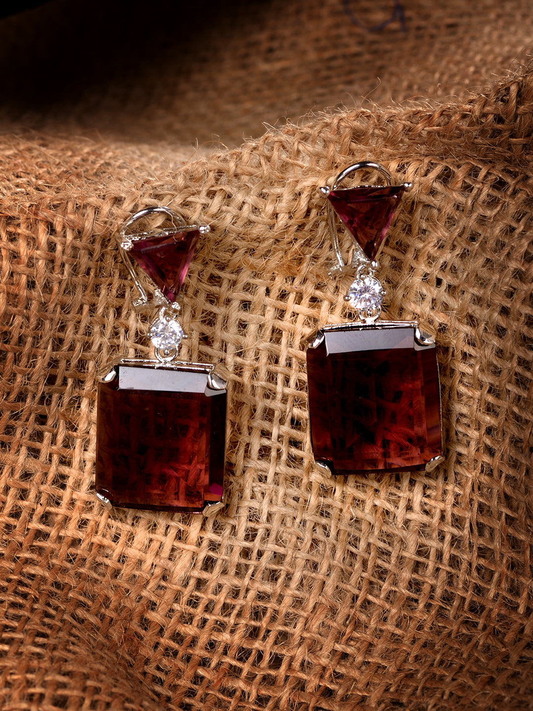 SilverPlated Maroon Faux Glass Studded Geometric Drop Earrings, zaveri pearls, sale price rs, sale price, sale gold plated, sale gold, sale, rubans, ring, regular price, priyassi jewellery, k