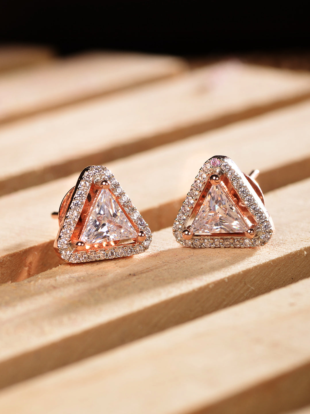 Rose Gold Plated White AD Studded Triangular Studs Earrings, zaveri pearls, sale price rs, sale price, sale gold plated, sale gold, sale, rubans, ring, regular price, priyassi jewellery, kush