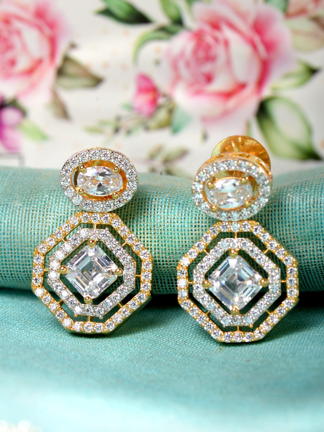 GoldPlated & White AD Studded Contemporary Drop Earrings, zaveri pearls, sale price rs, sale price, sale gold plated, sale gold, sale, rubans, ring, regular price, priyassi jewellery, kushal'