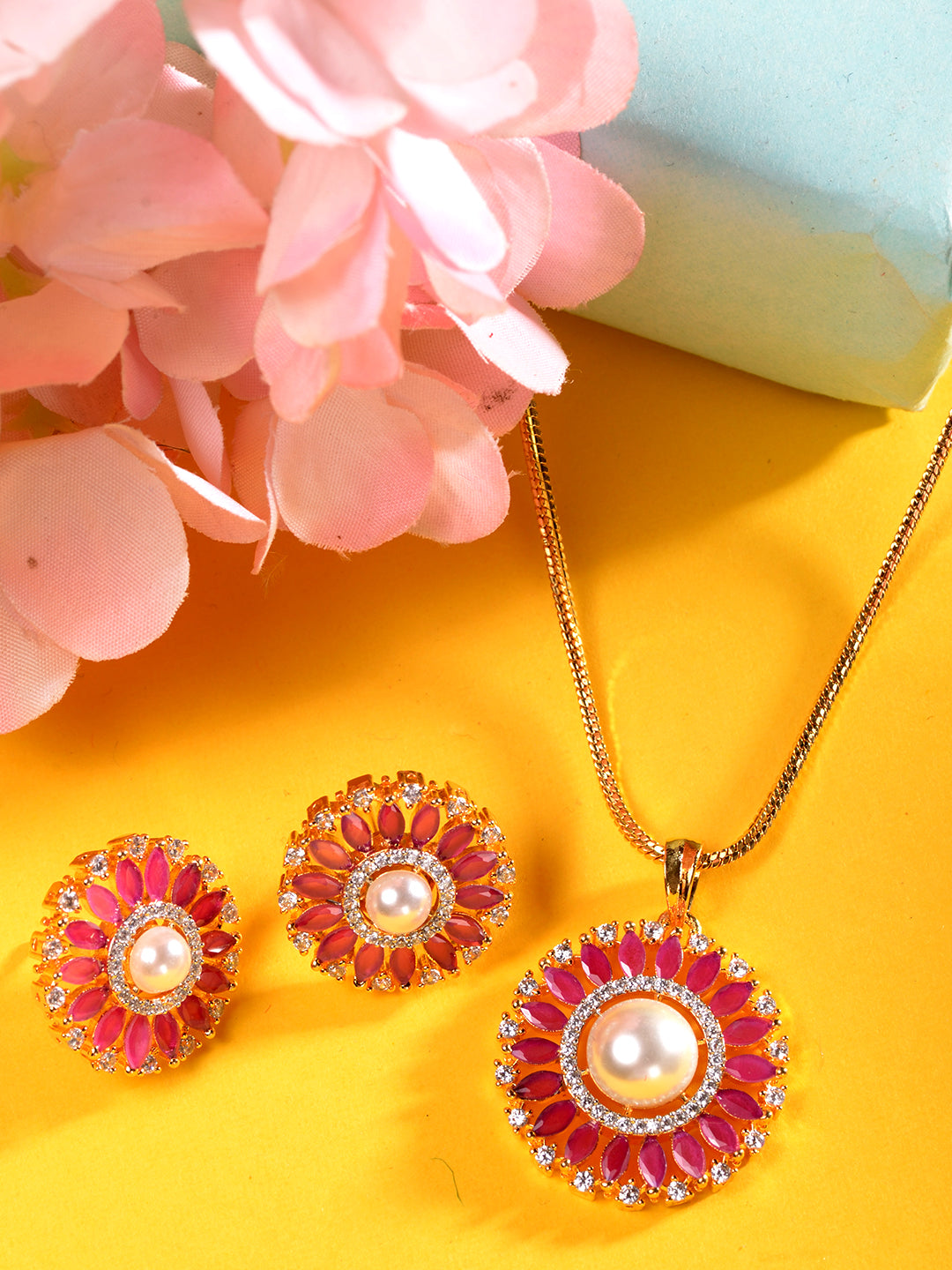 Women Pink & White Gold Plated AD & Pearl Studded Jewellery Set, zaveri pearls, sale price rs, sale price, sale gold plated, sale gold, sale, rubans, ring, regular price, priyassi jewellery, 