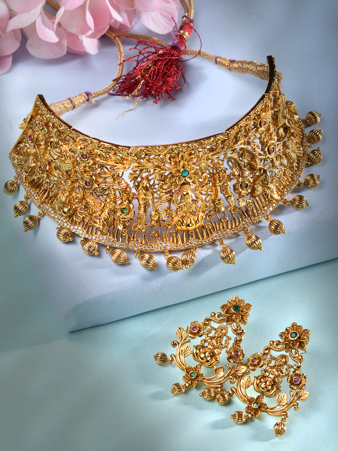 GoldPlated Green AD Embellished Shri Lakshmi Temple Choker Jewellery Set, zaveri pearls, sale price rs, sale price, sale gold plated, sale gold, sale, rubans, ring, regular price, priyassi je