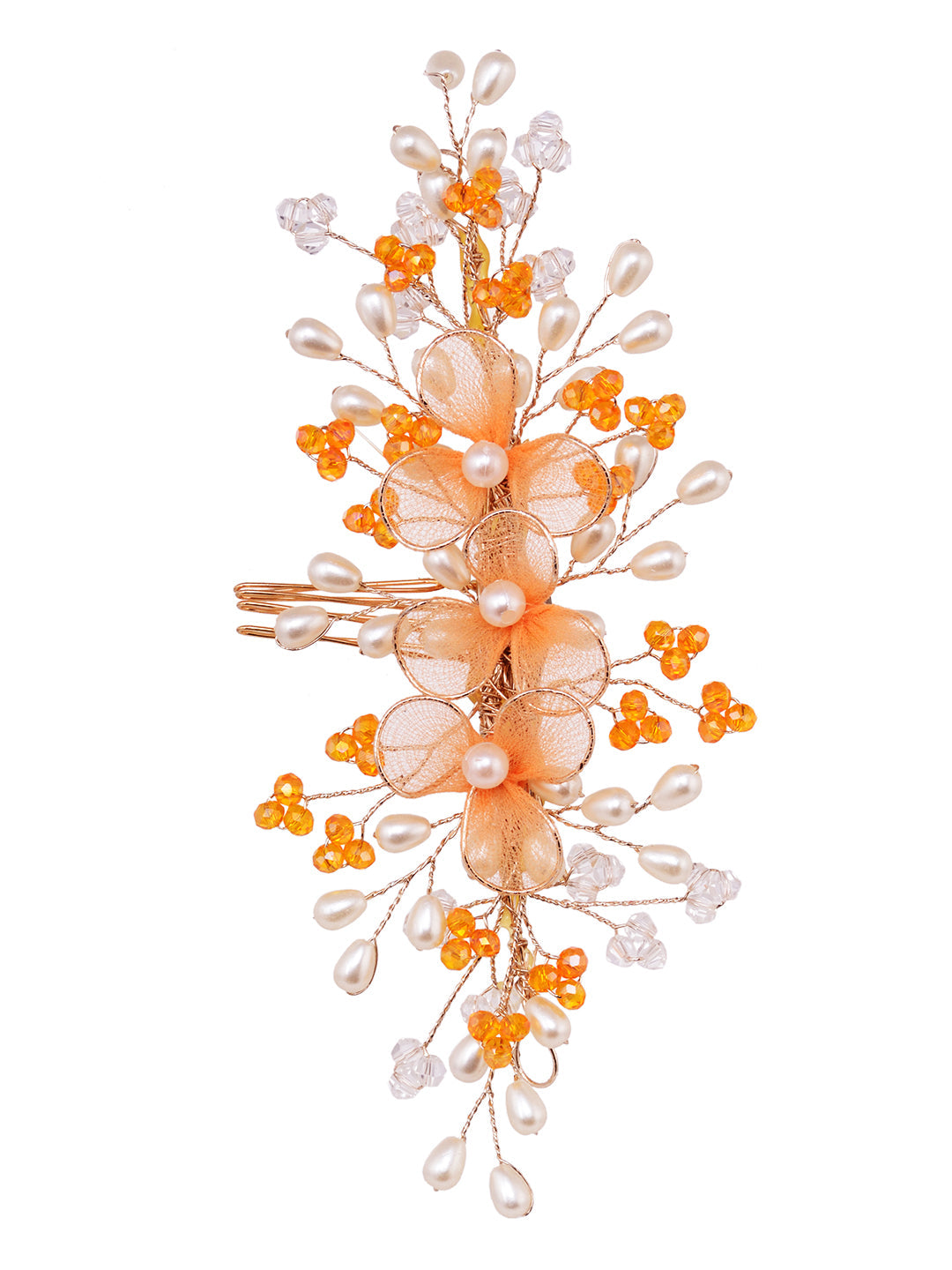 Gold Toned & Orange Stocking Flowers Beaded Hair Accessory, zaveri pearls, sale price rs, sale price, sale gold plated, sale gold, sale, rubans, ring, regular price, priyassi jewellery, kusha