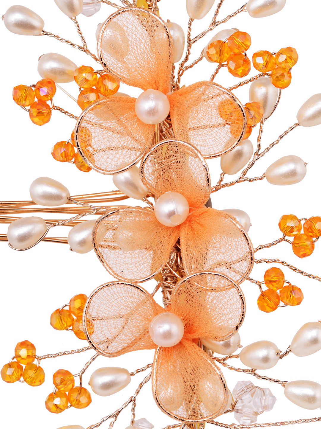 Gold Toned & Orange Stocking Flowers Beaded Hair Accessory, zaveri pearls, sale price rs, sale price, sale gold plated, sale gold, sale, rubans, ring, regular price, priyassi jewellery, kusha