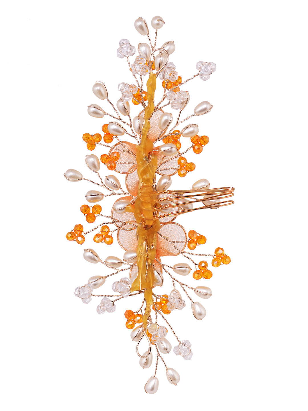 Gold Toned & Orange Stocking Flowers Beaded Hair Accessory, zaveri pearls, sale price rs, sale price, sale gold plated, sale gold, sale, rubans, ring, regular price, priyassi jewellery, kusha