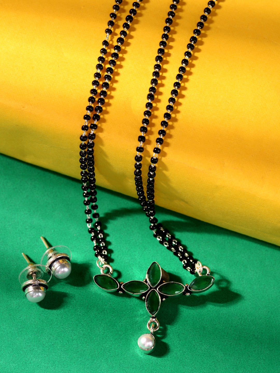 SilverPlated Green StonesStudded Mangalsutra, zaveri pearls, sale price rs, sale price, sale gold plated, sale gold, sale, rubans, ring, regular price, priyassi jewellery, kushal's - Saraf RS