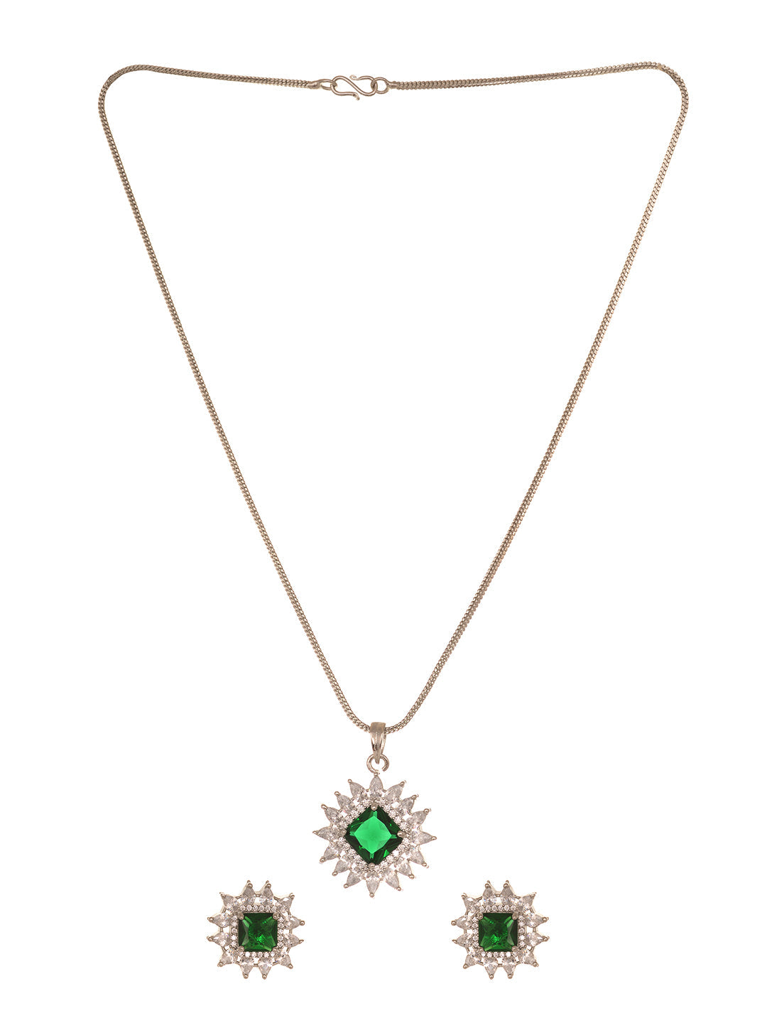 Silver Plated Green AD Minimal Locket Jewellery Set, zaveri pearls, sale price rs, sale price, sale gold plated, sale gold, sale, rubans, ring, regular price, priyassi jewellery, kushal's - S