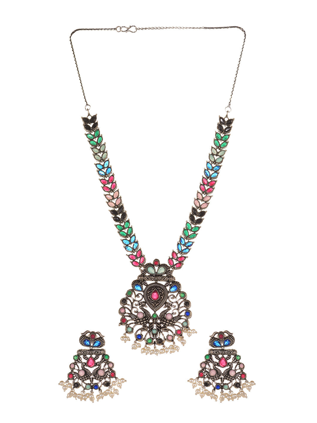 Silver Oxidised Multi stone studded Navratan Statement Necklace Jewellery Set, zaveri pearls, sale price rs, sale price, sale gold plated, sale gold, sale, rubans, ring, regular price, priyas