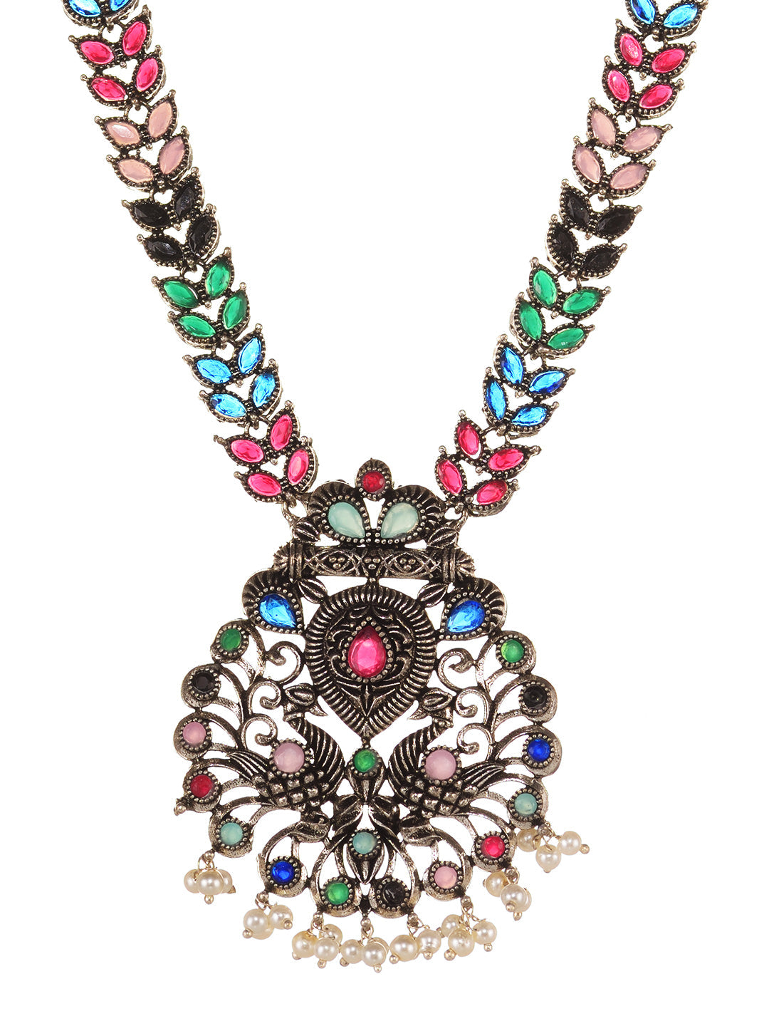 Silver Oxidised Multi stone studded Navratan Statement Necklace Jewellery Set, zaveri pearls, sale price rs, sale price, sale gold plated, sale gold, sale, rubans, ring, regular price, priyas