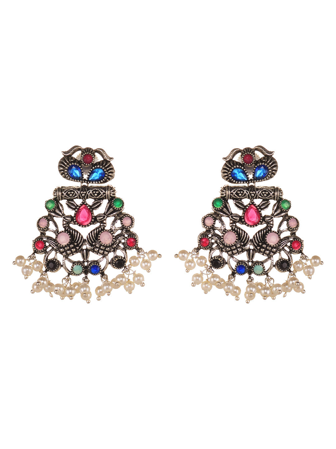 Silver Oxidised Multi stone studded Navratan Statement Necklace Jewellery Set, zaveri pearls, sale price rs, sale price, sale gold plated, sale gold, sale, rubans, ring, regular price, priyas