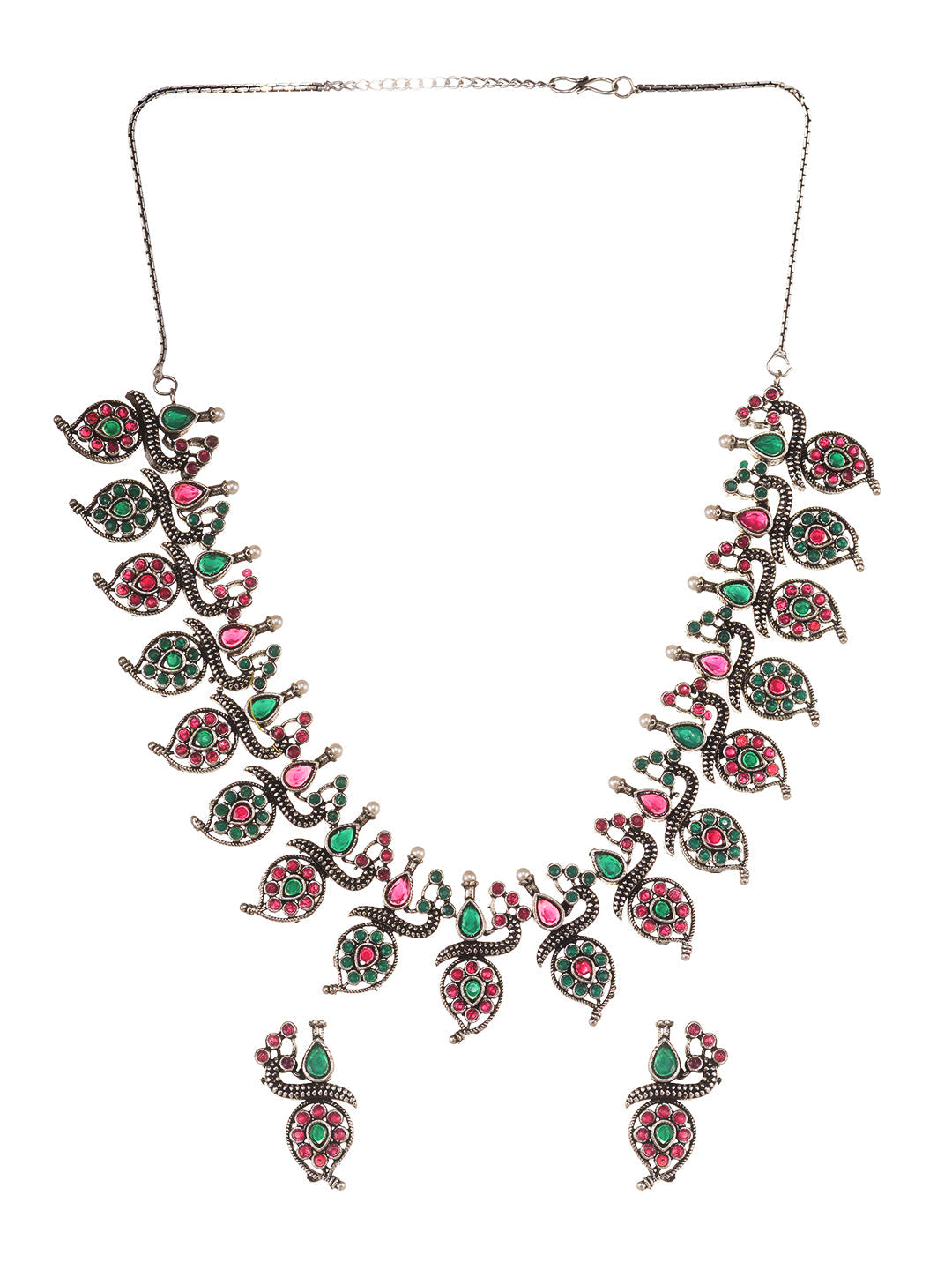 Silver Oxidised Green stone studded Peacock Choker Necklace Jewellery Set, zaveri pearls, sale price rs, sale price, sale gold plated, sale gold, sale, rubans, ring, regular price, priyassi j