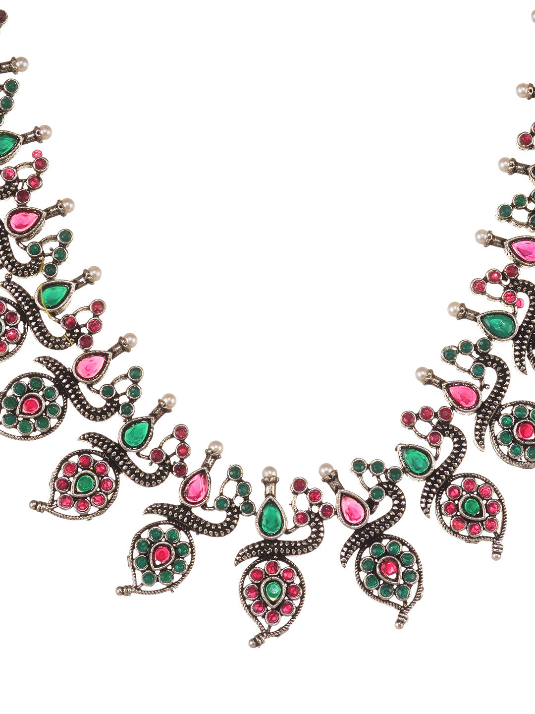 Silver Oxidised Green stone studded Peacock Choker Necklace Jewellery Set, zaveri pearls, sale price rs, sale price, sale gold plated, sale gold, sale, rubans, ring, regular price, priyassi j