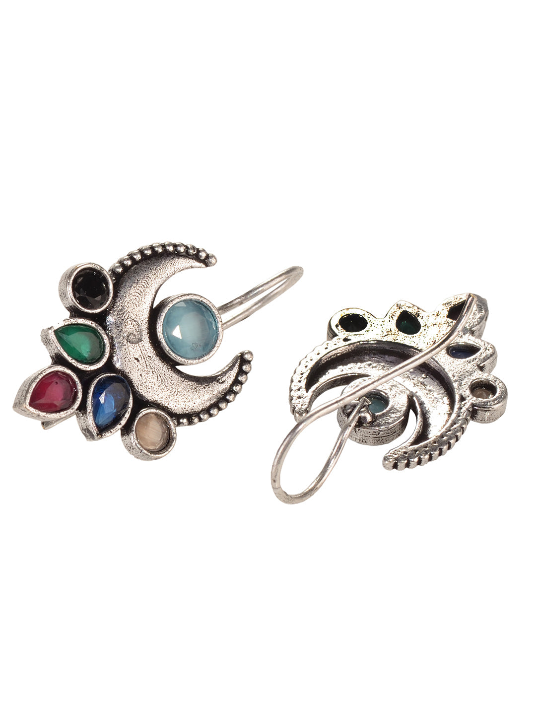 Siver Oxidised Multi stone studded Navratan Hook Earring, zaveri pearls, sale price rs, sale price, sale gold plated, sale gold, sale, rubans, ring, regular price, priyassi jewellery, kushal'