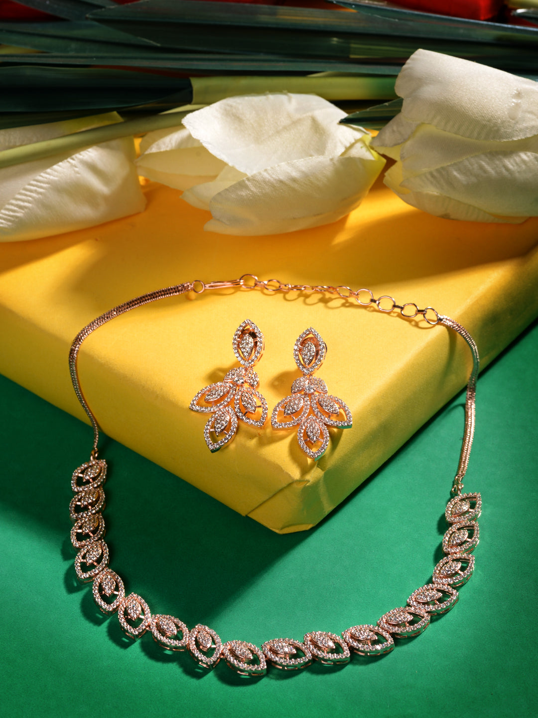 Rose Gold Plated AD Studded Geometric Minimal Necklace Jewellery Set, zaveri pearls, sale price rs, sale price, sale gold plated, sale gold, sale, rubans, ring, regular price, priyassi jewell