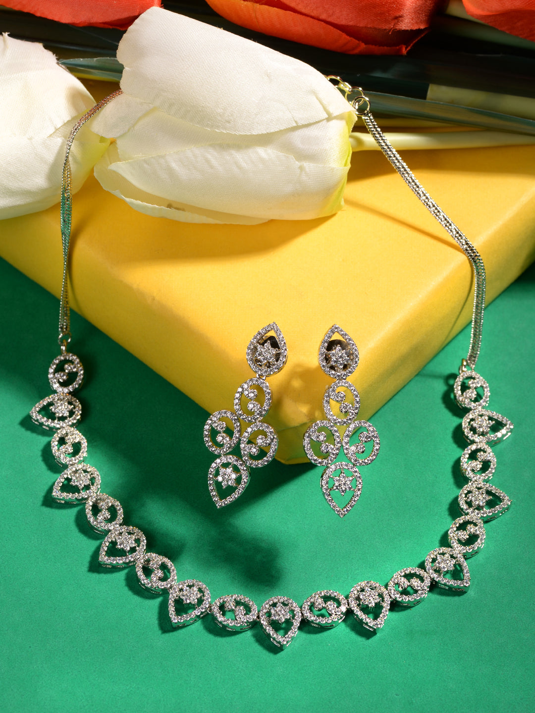 Silver white Rhodium AD Studded Statement Minimal Necklace Jewellery Set, zaveri pearls, sale price rs, sale price, sale gold plated, sale gold, sale, rubans, ring, regular price, priyassi je