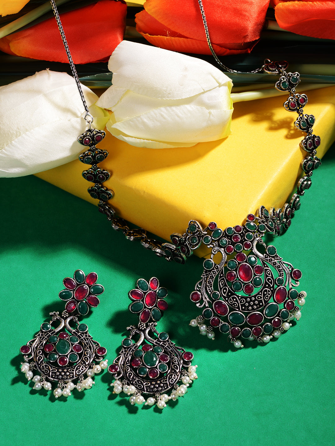 Oxidised Green stone studded Peacock Design Necklace Jewellery Set, zaveri pearls, sale price rs, sale price, sale gold plated, sale gold, sale, rubans, ring, regular price, priyassi jeweller