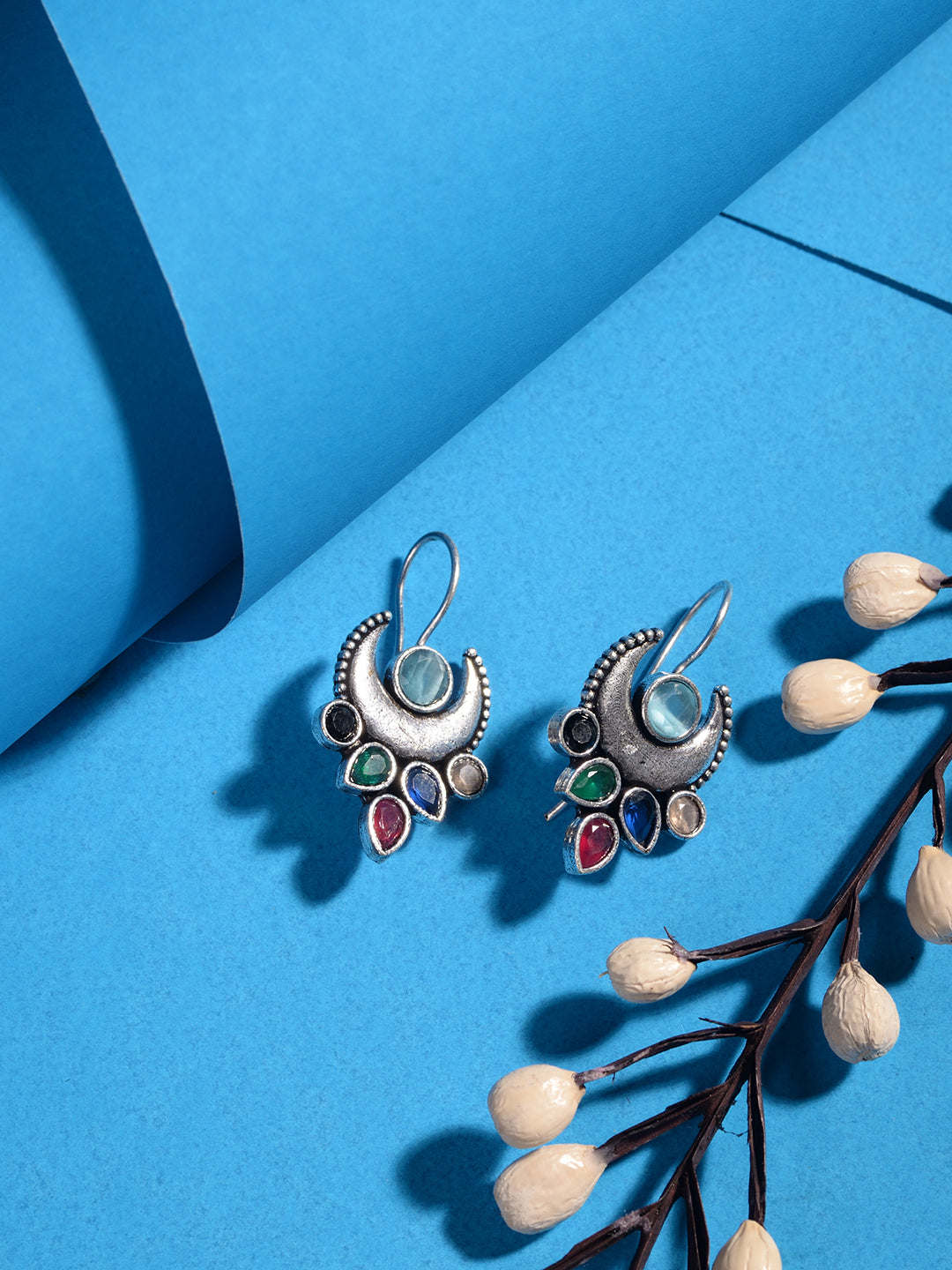 Siver Oxidised Multi stone studded Navratan Hook Earring, zaveri pearls, sale price rs, sale price, sale gold plated, sale gold, sale, rubans, ring, regular price, priyassi jewellery, kushal'