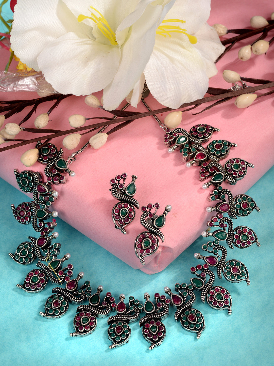 Silver Oxidised Green stone studded Peacock Choker Necklace Jewellery Set, zaveri pearls, sale price rs, sale price, sale gold plated, sale gold, sale, rubans, ring, regular price, priyassi j