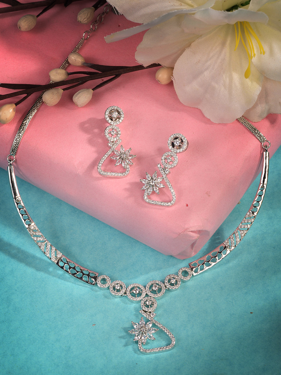 Silver Plated AD Studded Statement Necklace Jewellery Set, zaveri pearls, sale price rs, sale price, sale gold plated, sale gold, sale, rubans, ring, regular price, priyassi jewellery, kushal