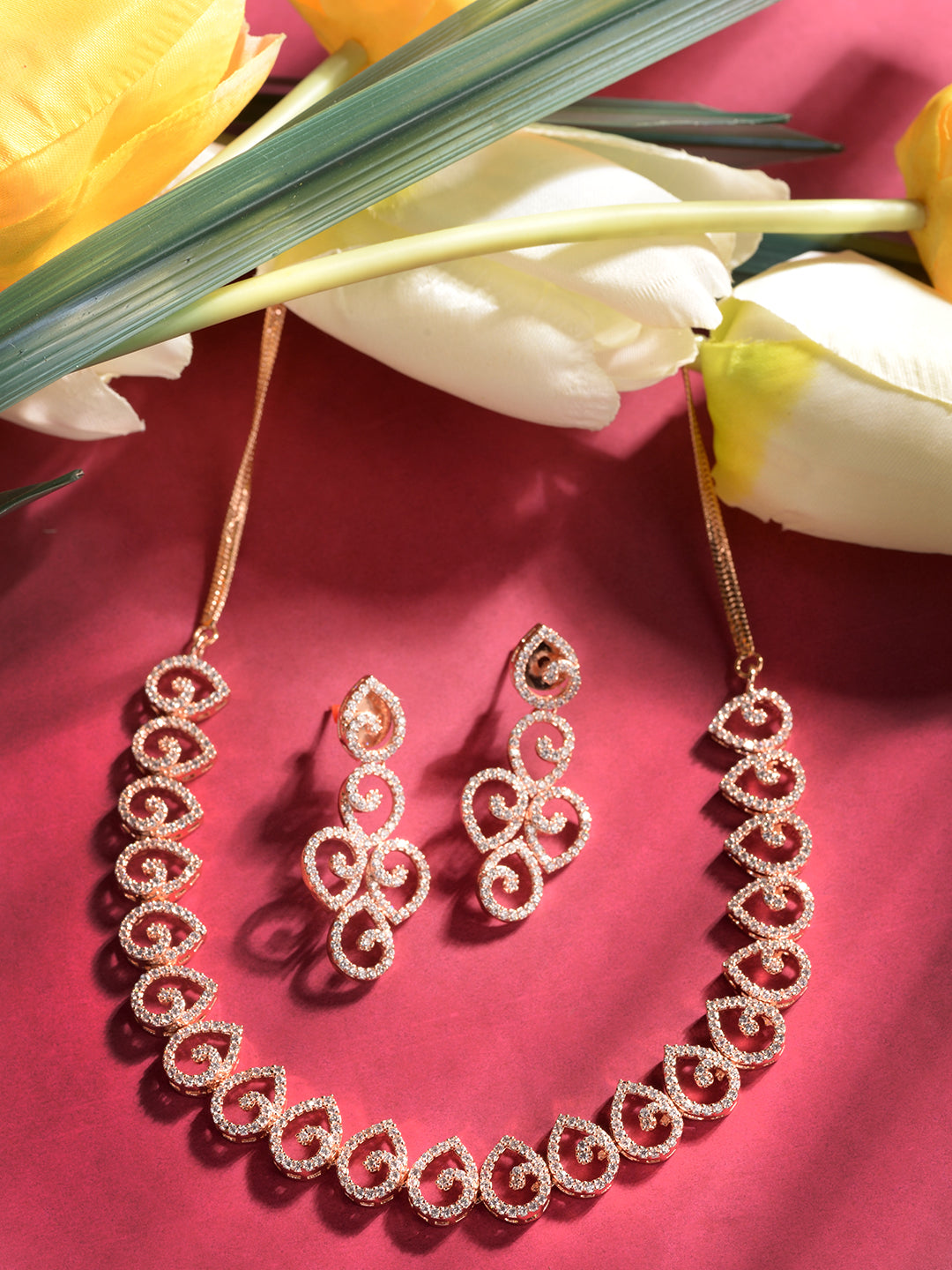 Rose Gold Plated AD Studded Minimal Necklace jewellery Set, zaveri pearls, sale price rs, sale price, sale gold plated, sale gold, sale, rubans, ring, regular price, priyassi jewellery, kusha