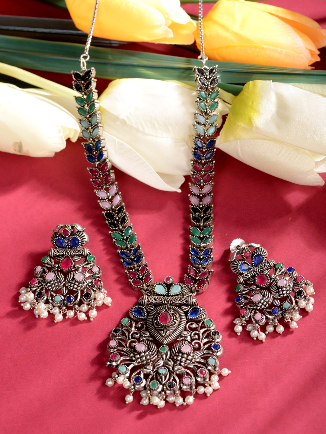 Silver Oxidised Multi stone studded Navratan Statement Necklace Jewellery Set, zaveri pearls, sale price rs, sale price, sale gold plated, sale gold, sale, rubans, ring, regular price, priyas