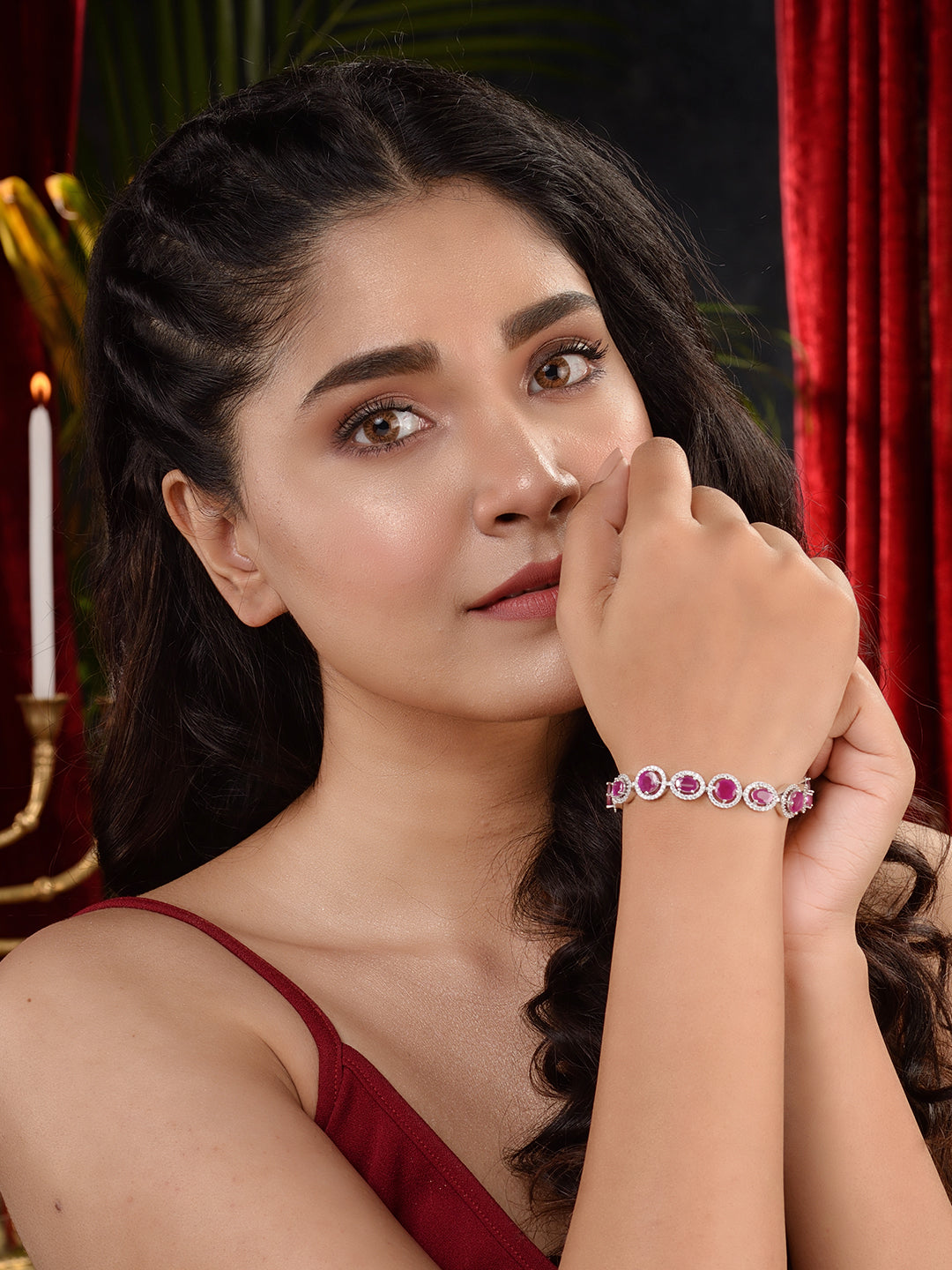 White Silver Plated Red Oval AD Studded Link TennisBracelet, zaveri pearls, sale price rs, sale price, sale gold plated, sale gold, sale, rubans, ring, regular price, priyassi jewellery, kush