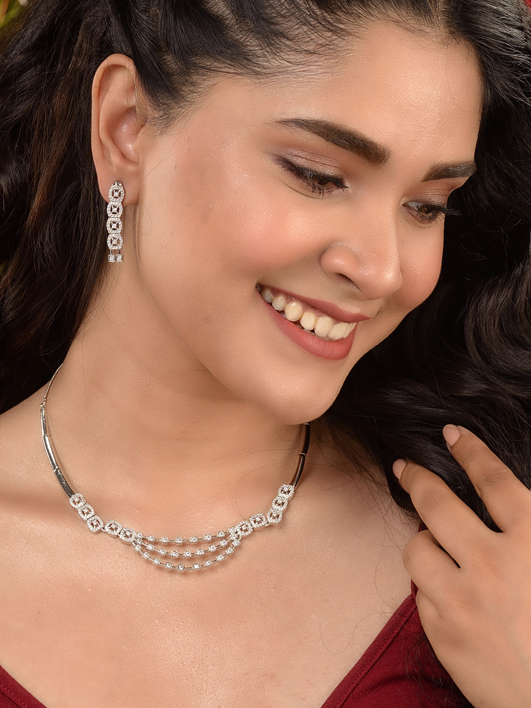 Silver Toned AD Studded layered Necklace jewellery Set, zaveri pearls, sale price rs, sale price, sale gold plated, sale gold, sale, rubans, ring, regular price, priyassi jewellery, kushal's 