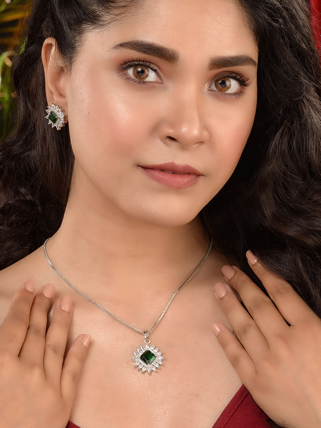 Silver Plated Green AD Minimal Locket Jewellery Set, zaveri pearls, sale price rs, sale price, sale gold plated, sale gold, sale, rubans, ring, regular price, priyassi jewellery, kushal's - S