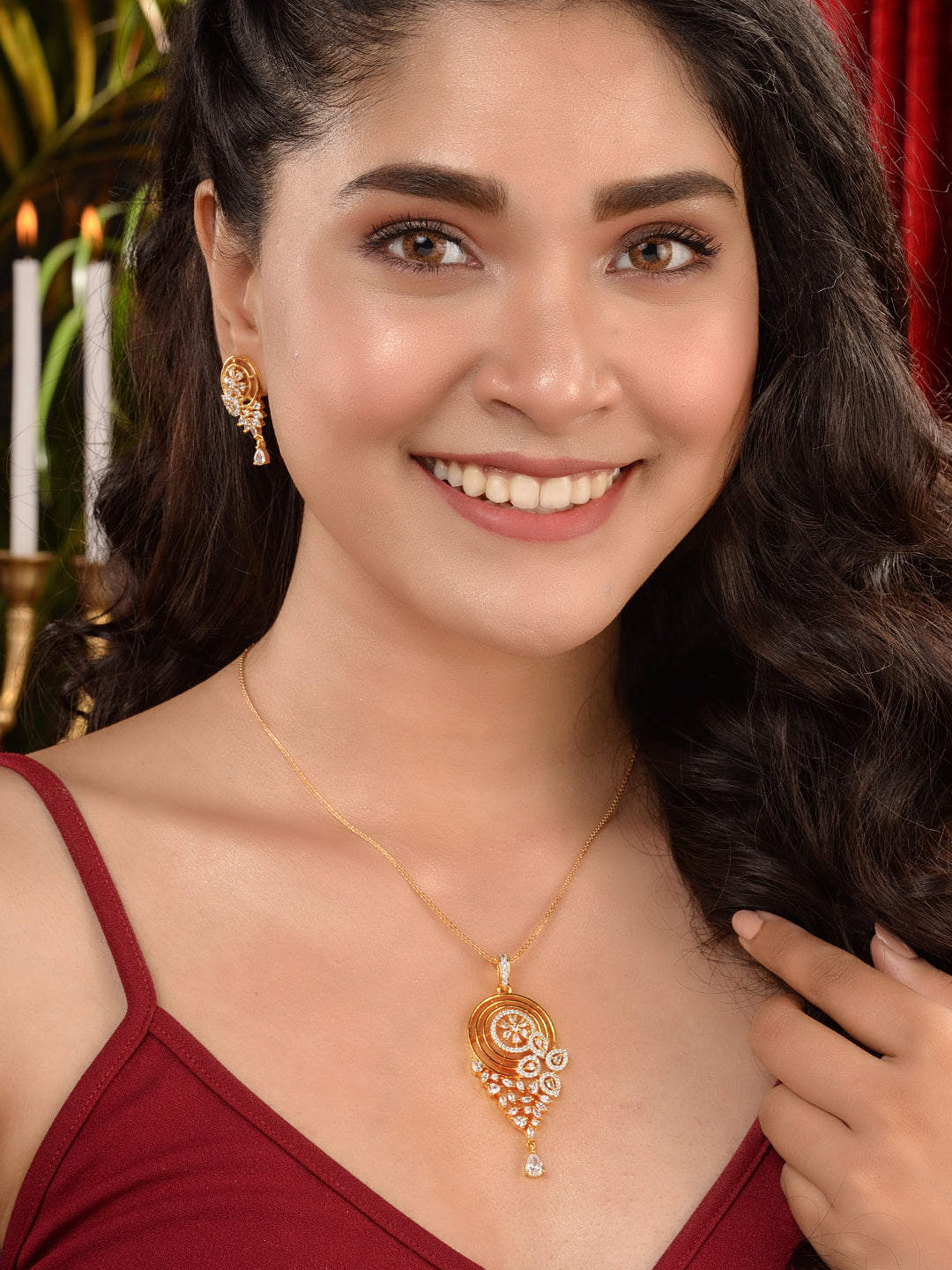 Gold Toned AD Filgree Locket Jewellery Set, zaveri pearls, sale price rs, sale price, sale gold plated, sale gold, sale, rubans, ring, regular price, priyassi jewellery, kushal's - Saraf RS J