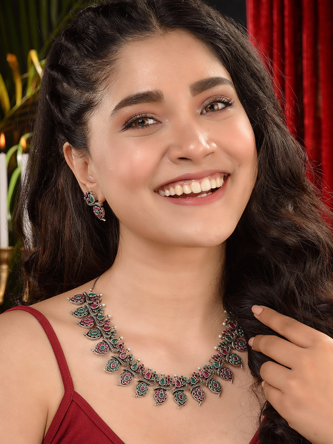 Silver Oxidised Green stone studded Peacock Choker Necklace Jewellery Set, zaveri pearls, sale price rs, sale price, sale gold plated, sale gold, sale, rubans, ring, regular price, priyassi j