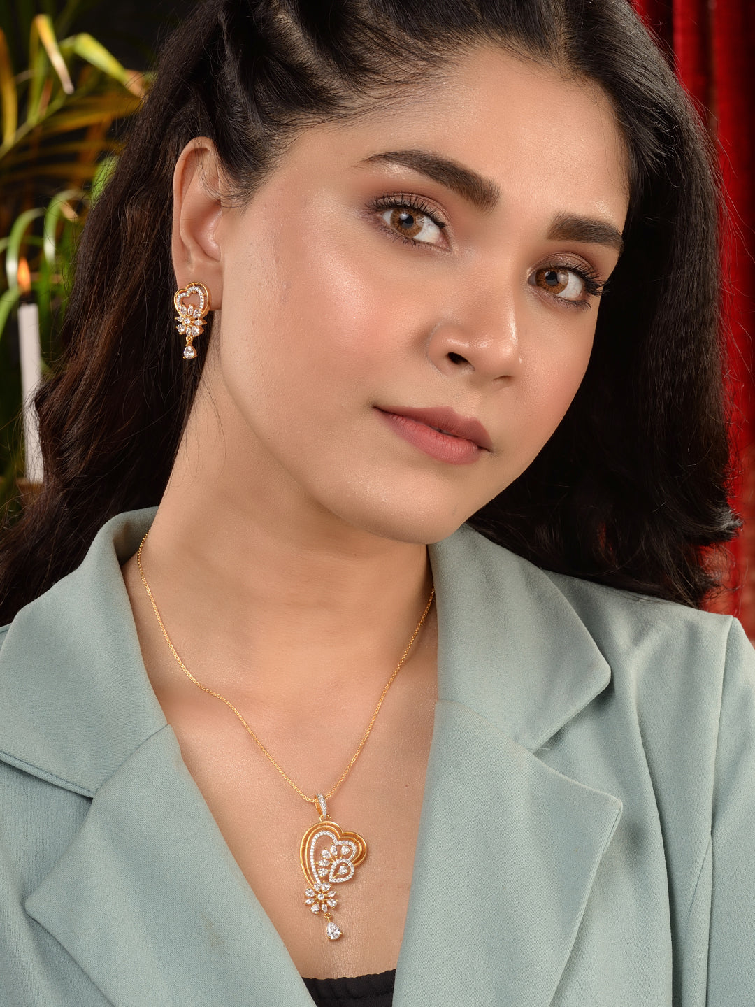 Gold Toned AD Heart Shaped Designer Locket Jewellery Set, zaveri pearls, sale price rs, sale price, sale gold plated, sale gold, sale, rubans, ring, regular price, priyassi jewellery, kushal'