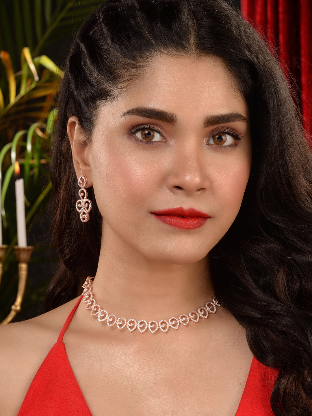 Rose Gold Plated AD Studded Minimal Necklace jewellery Set, zaveri pearls, sale price rs, sale price, sale gold plated, sale gold, sale, rubans, ring, regular price, priyassi jewellery, kusha