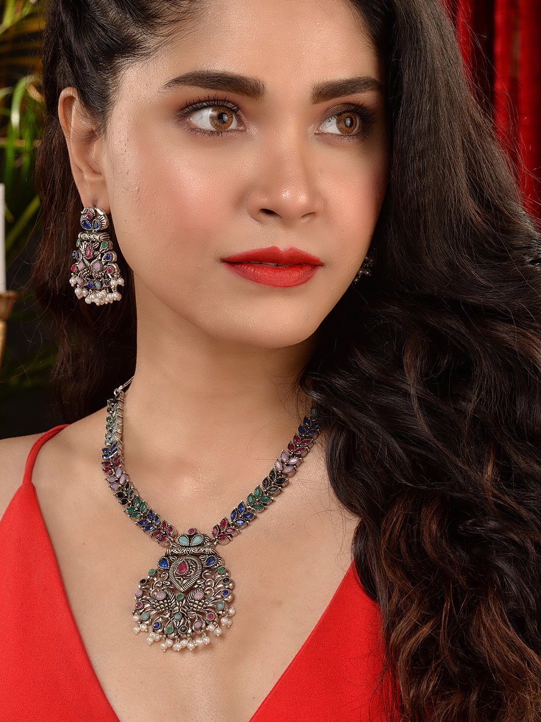 Silver Oxidised Multi stone studded Navratan Statement Necklace Jewellery Set, zaveri pearls, sale price rs, sale price, sale gold plated, sale gold, sale, rubans, ring, regular price, priyas