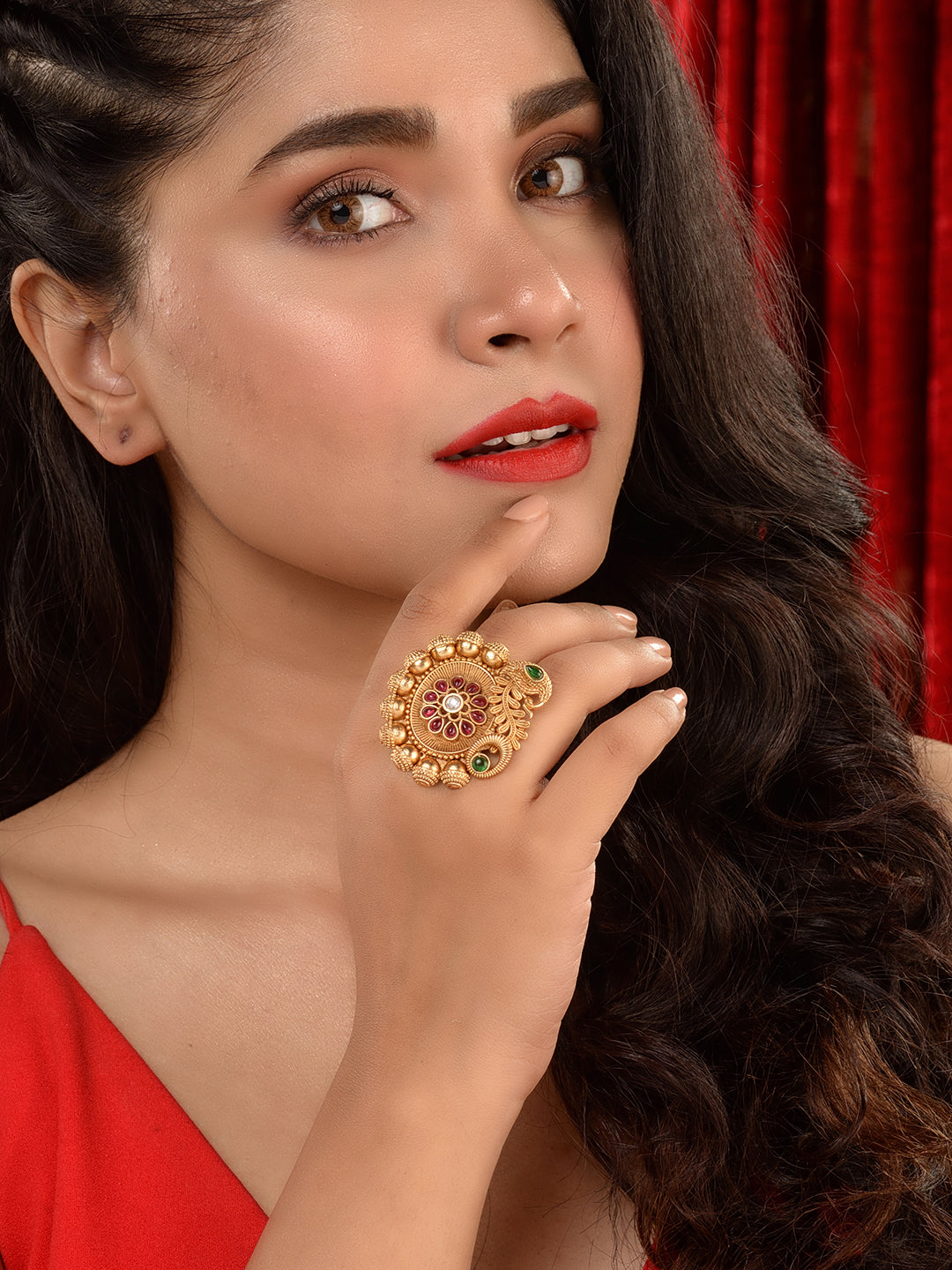 Women Red & GoldPlated AD Peacock Statement Adjustable Finger Ring, zaveri pearls, sale price rs, sale price, sale gold plated, sale gold, sale, rubans, ring, regular price, priyassi jeweller