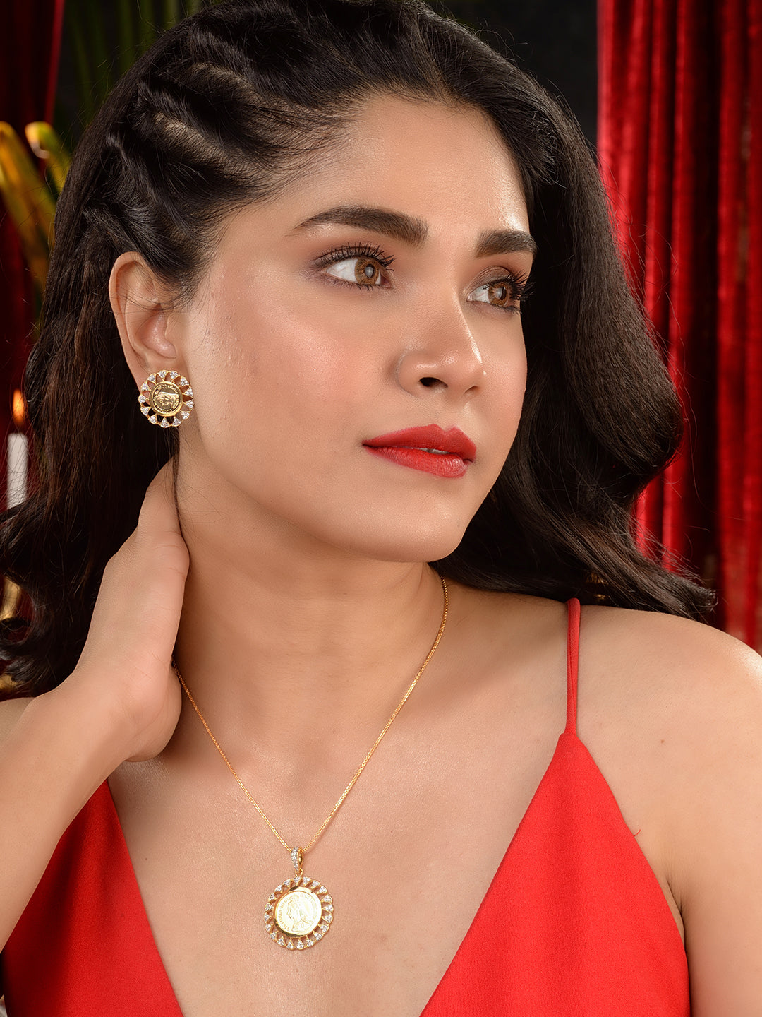 Gold Toned AD Round Ginni Statement Locket Jewellery Set, zaveri pearls, sale price rs, sale price, sale gold plated, sale gold, sale, rubans, ring, regular price, priyassi jewellery, kushal'