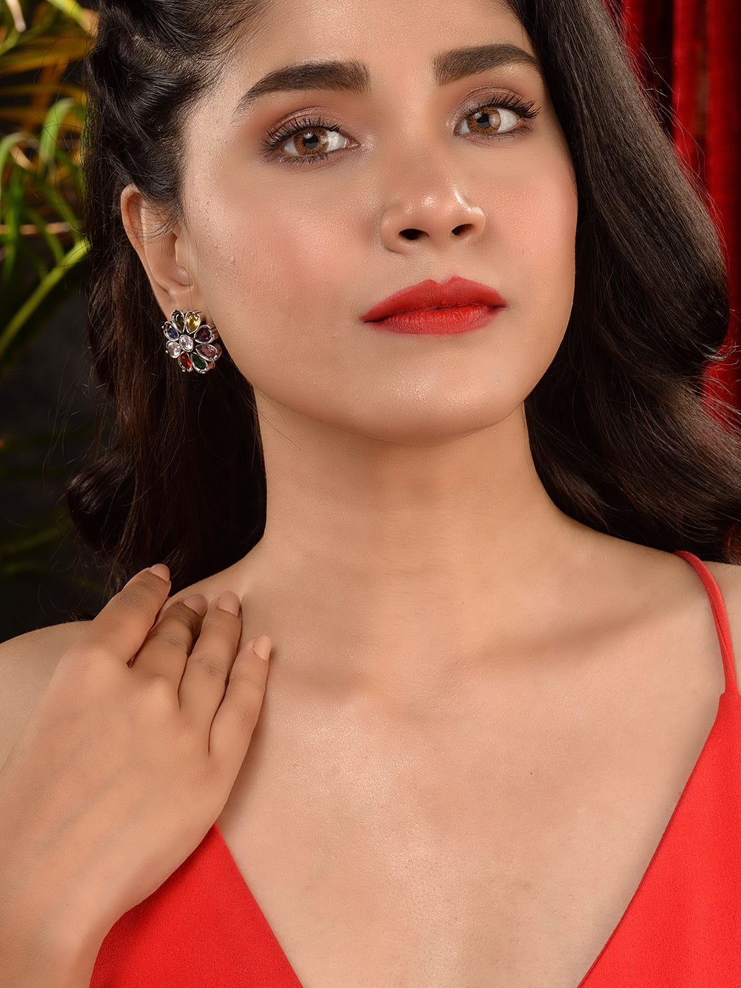 Silver Oxidised Navratan Minimal stud Earring, zaveri pearls, sale price rs, sale price, sale gold plated, sale gold, sale, rubans, ring, regular price, priyassi jewellery, kushal's - Saraf R