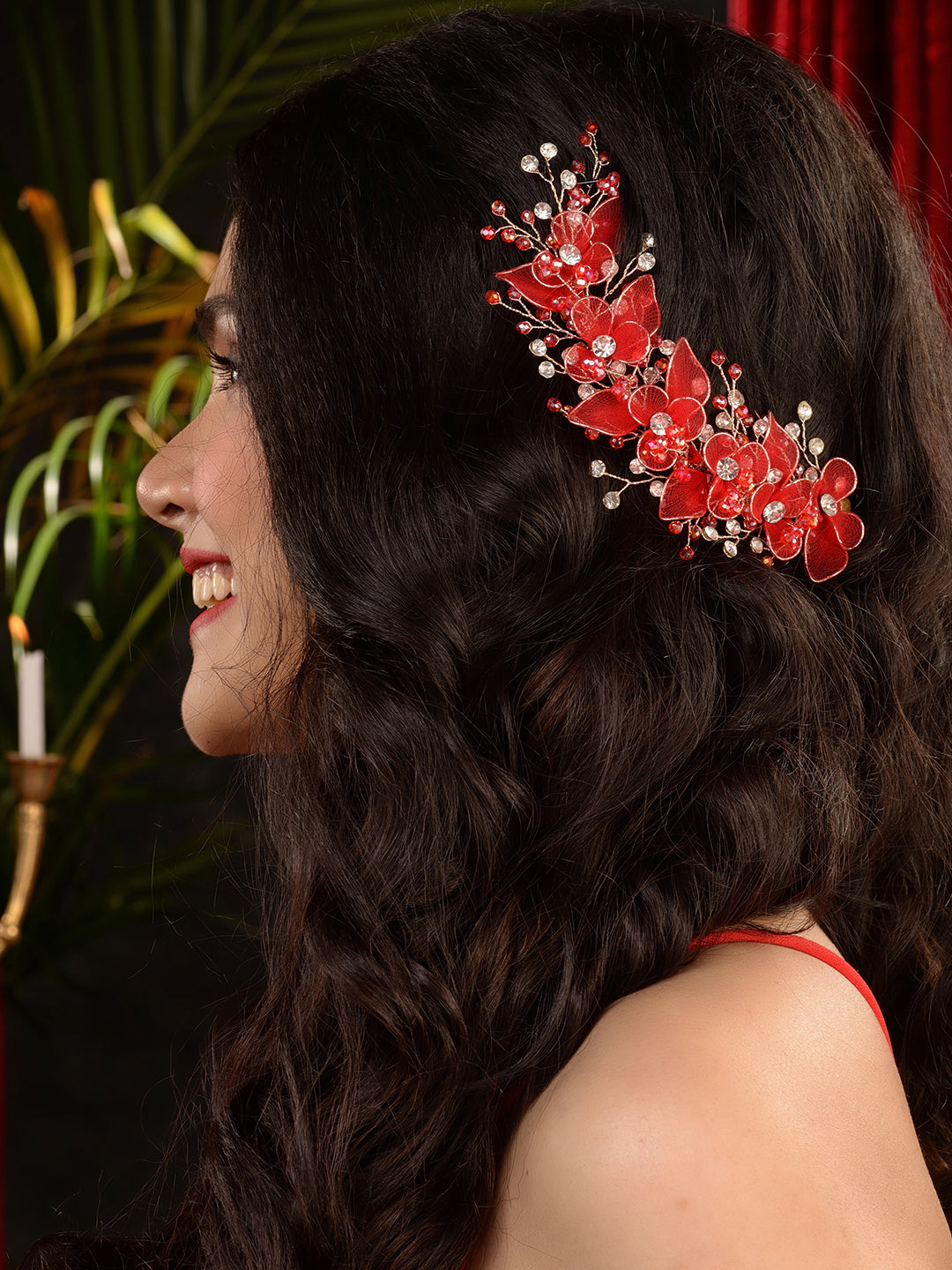 Gold Toned & Red Stocking Flowers Beaded Tiara Hair Accessory, zaveri pearls, sale price rs, sale price, sale gold plated, sale gold, sale, rubans, ring, regular price, priyassi jewellery, ku