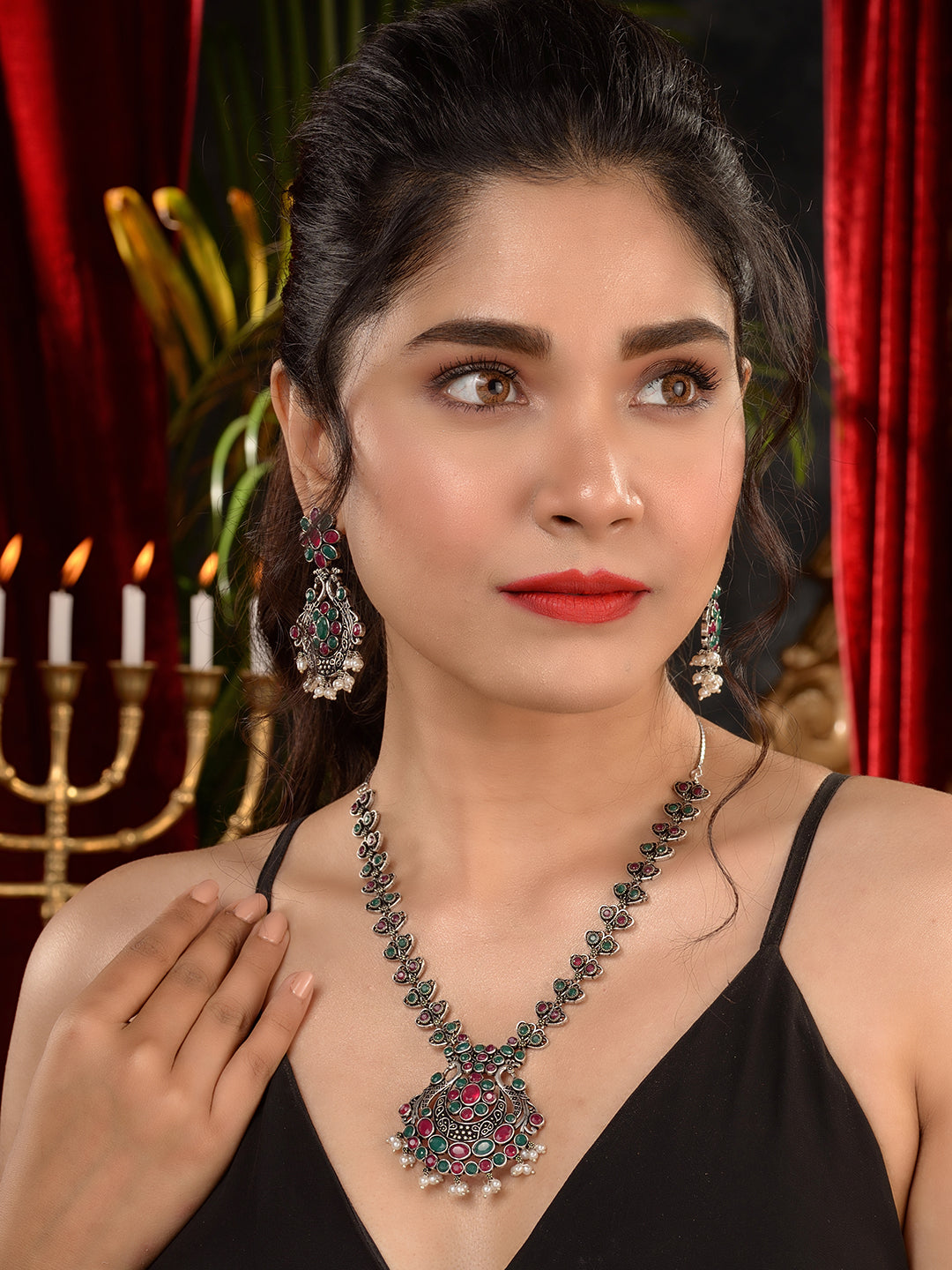 Oxidised Green stone studded Peacock Design Necklace Jewellery Set, zaveri pearls, sale price rs, sale price, sale gold plated, sale gold, sale, rubans, ring, regular price, priyassi jeweller