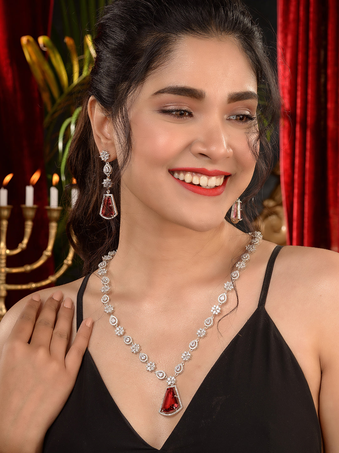 Silver Toned Red AD studded Luxe Haram Necklace Jewellery Set, zaveri pearls, sale price rs, sale price, sale gold plated, sale gold, sale, rubans, ring, regular price, priyassi jewellery, ku