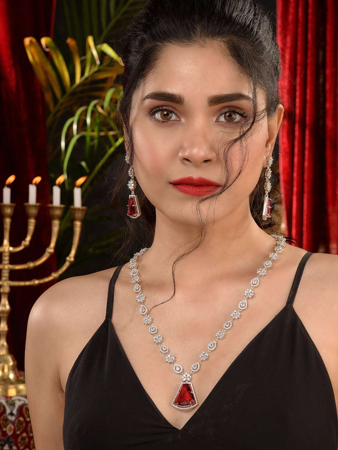 Silver Toned Red AD studded Luxe Haram Necklace Jewellery Set, zaveri pearls, sale price rs, sale price, sale gold plated, sale gold, sale, rubans, ring, regular price, priyassi jewellery, ku