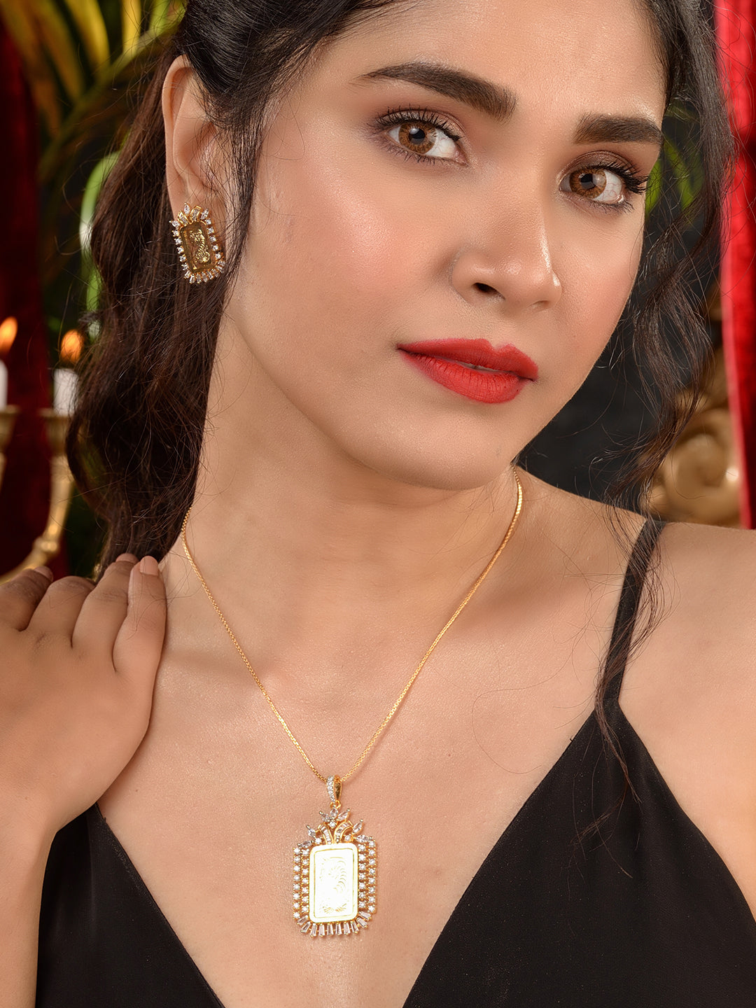 Gold Toned AD Rectangular Ginni Locket Jewellery Set, zaveri pearls, sale price rs, sale price, sale gold plated, sale gold, sale, rubans, ring, regular price, priyassi jewellery, kushal's - 